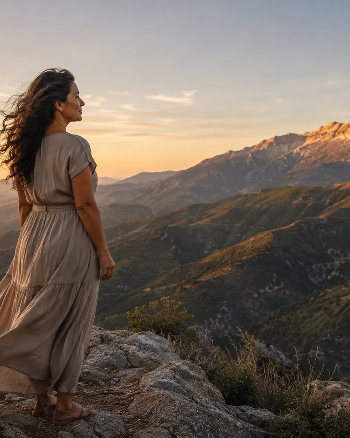 A woman in her 50s stands on elevated terrain at dawn in a neutral flowing dress, looking toward a sunlit mountain ridge.
